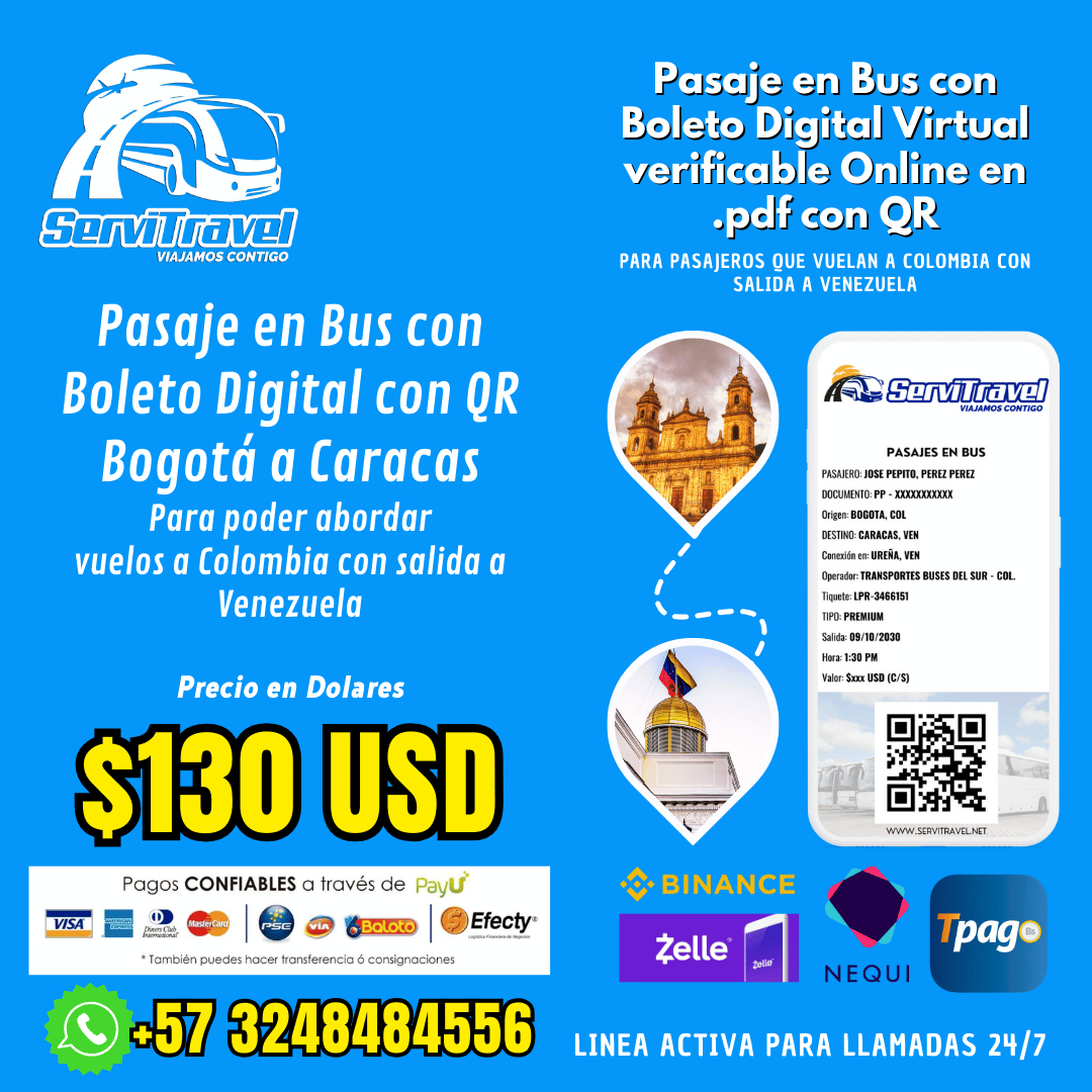 Pasaje en Bus con Boleto Digital con QR Bogotá a Caracas, servitravel.net