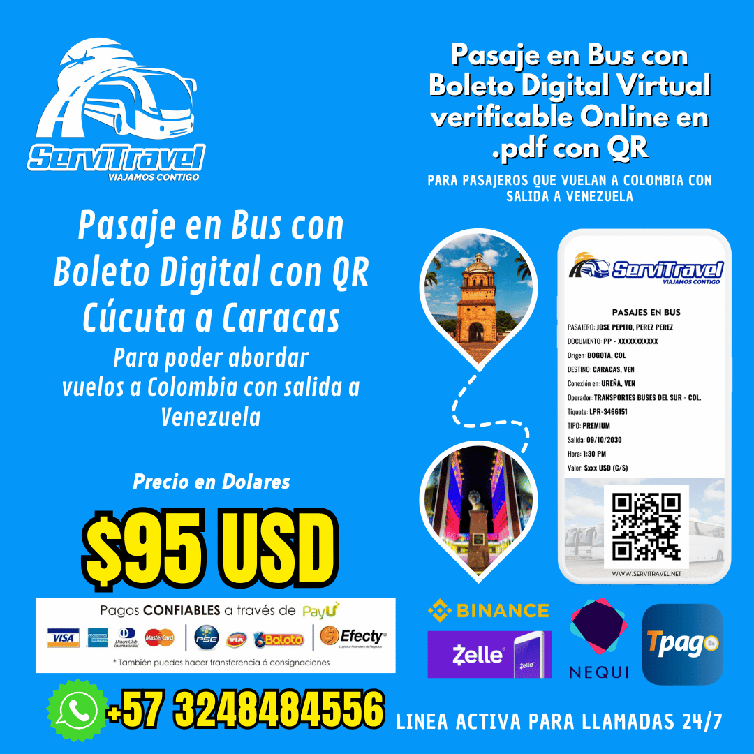 Pasaje en Bus con Boleto Digital con QR Cúcuta a Caracas, SERVITRAVEL.NET