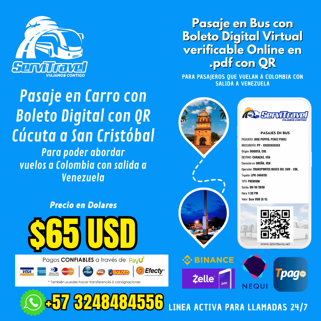 Pasaje en Carro con Boleto Digital con QR Cúcuta a San Cristóbal, SERVITRAVEL.NET